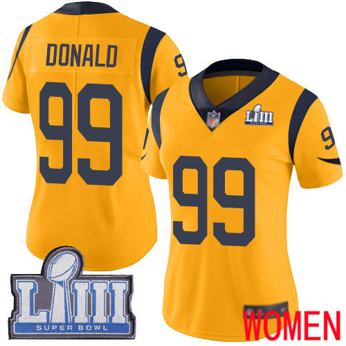 Los Angeles Rams Limited Gold Women Aaron Donald Jersey NFL Football 99 Super Bowl LIII Bound Rush Vapor Untouchable